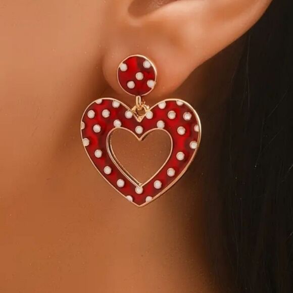 Heart-Shaped Red Polka Dot Earrings Valentine's Day Dangle Pierced Jewelry Love - Picture 2 of 5